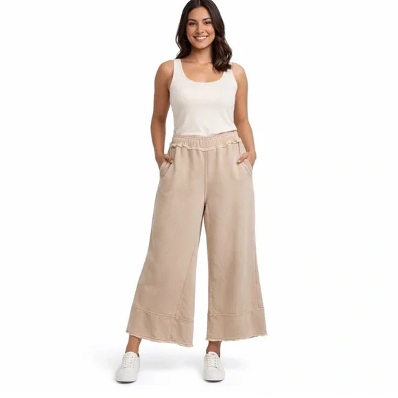EASEL Mineral Wash Terry Knit Pants Camel Wide Leg L - Picture 7 of 7